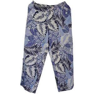 Rafaella Blue Tropical Print Pull On Palazzo Pants Linen Blend Wide Leg Size M
